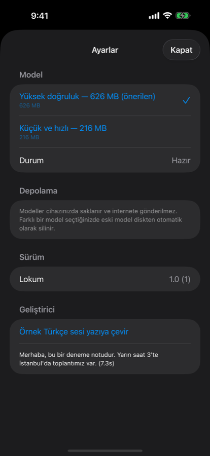 Lokum ayarlar ekranı, örnek Türkçe yazıya çevirmeyi gösteriyor